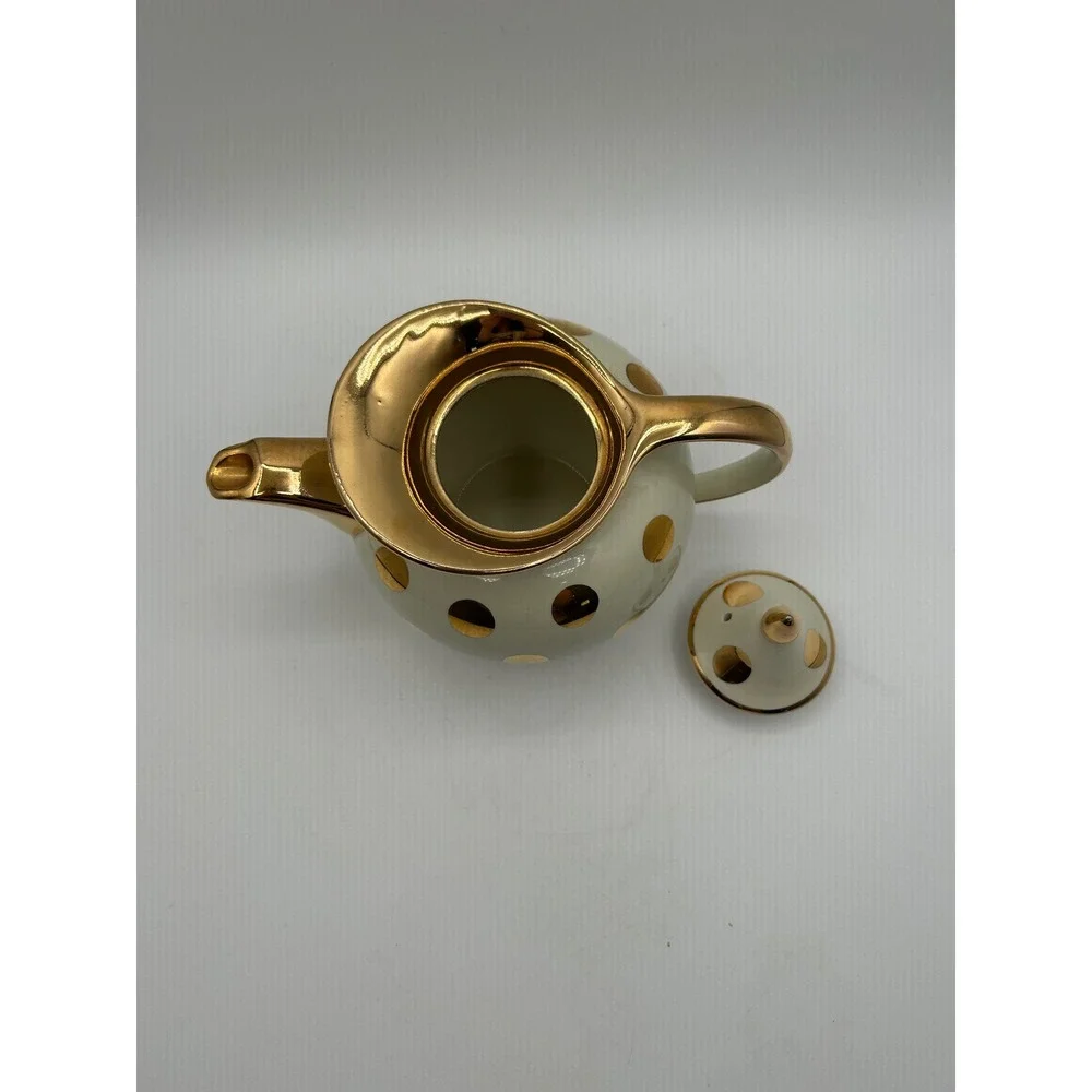 Hall Teapot 6 Cup Cream Ivory Gold Dot Vintage Mid Century Modern Ceramic